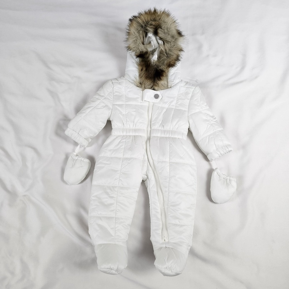Fab Furs Donna Salyers 0-6 Months Snowsuit One Piece Coat White Faux Fur Trim